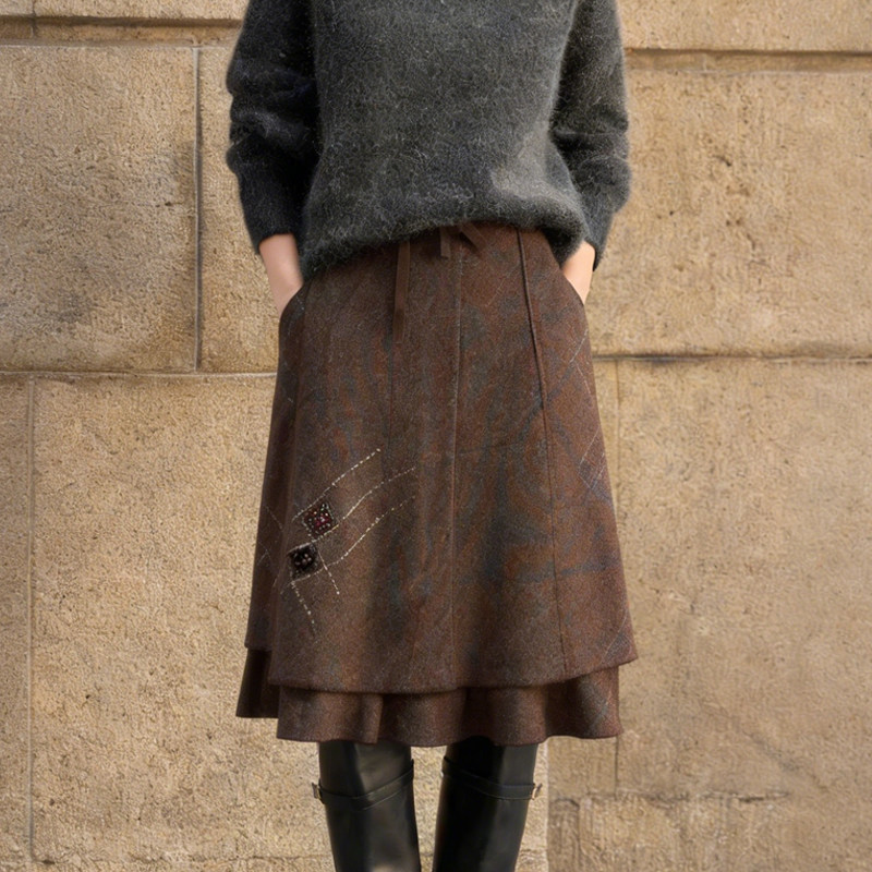 欧货高端定制棕色毛呢大码半身裙女2025冬季新款加厚肌理感A字裙,女装/女士精品,大码半身裙,淘宝优惠券,粉丝福利购,淘宝优惠卷