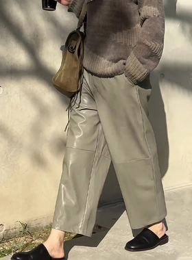 高端定制灰色窄版直筒九分皮裤女2025冬季新款高腰宽松休闲风裤子