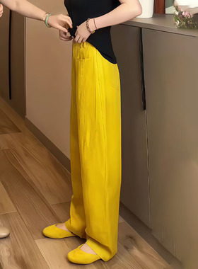 黄色宽松舒适垂感时尚大码阔腿裤女2025秋季新款休闲风亚麻直筒裤