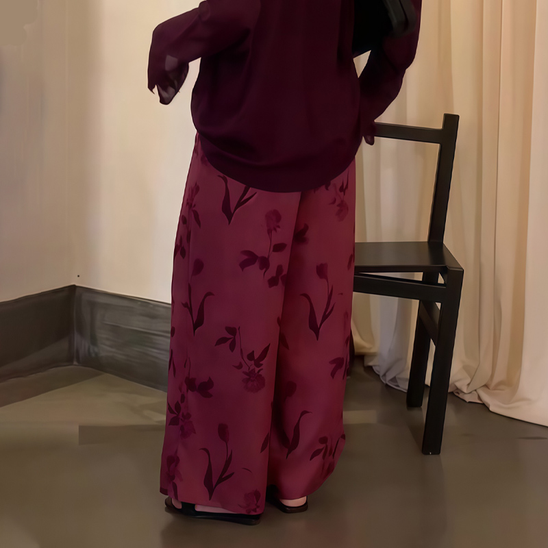 欧货高端定制玫红色印花阔腿长裤