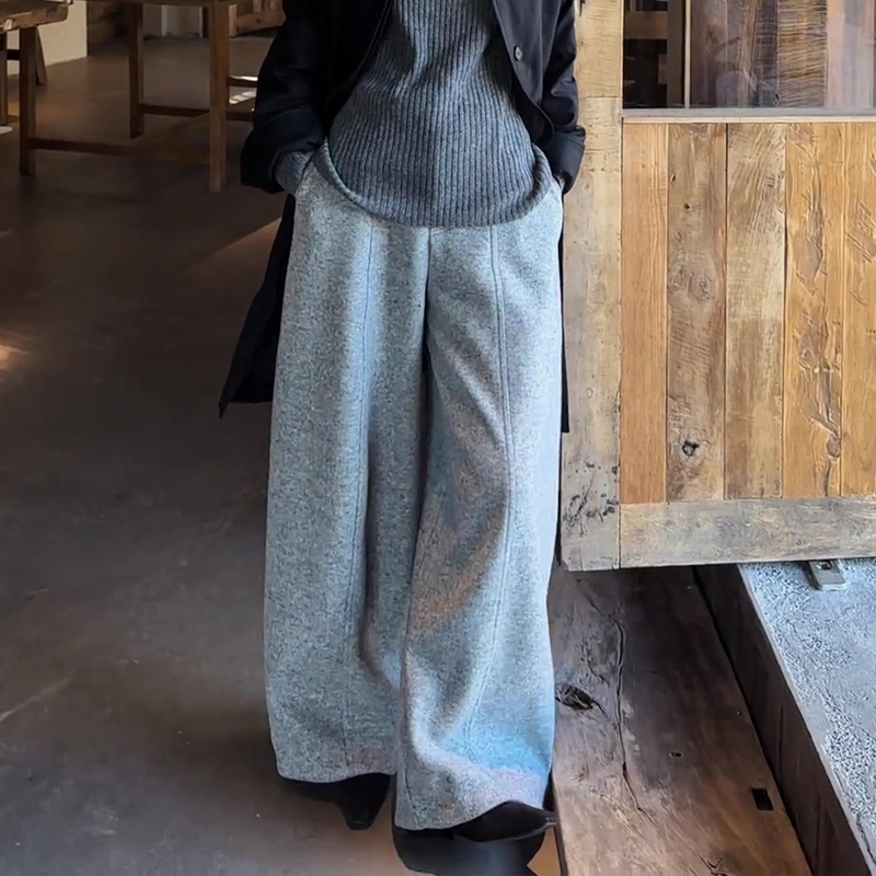 高端定制浅灰色毛呢大码阔腿裤女
