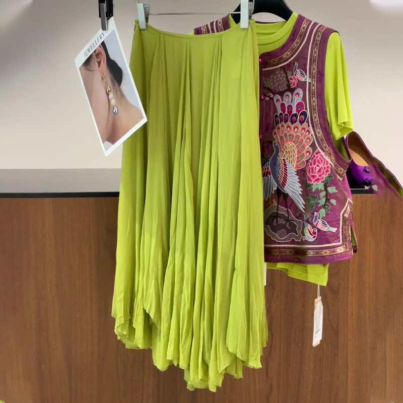 欧货高端荧光绿色大码百褶半身裙