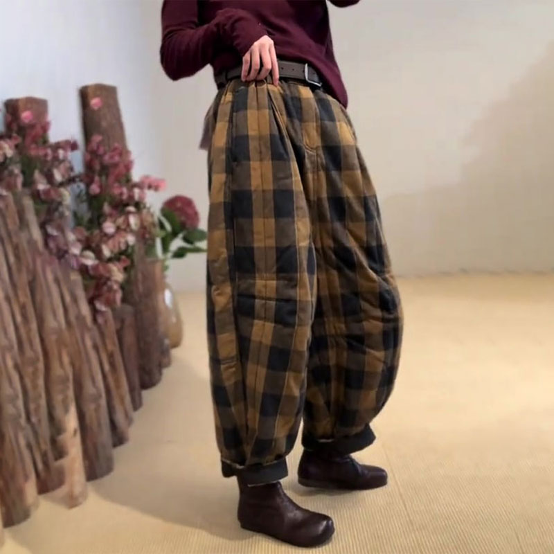 定制黄色格子棉麻大码阔腿裤女