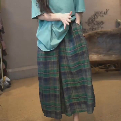 格纹宽松时尚设计感大码阔腿裤女