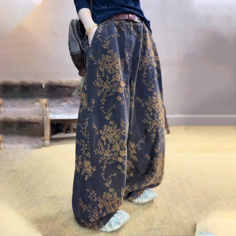 欧货高端定制灰蓝色印花阔腿裤女