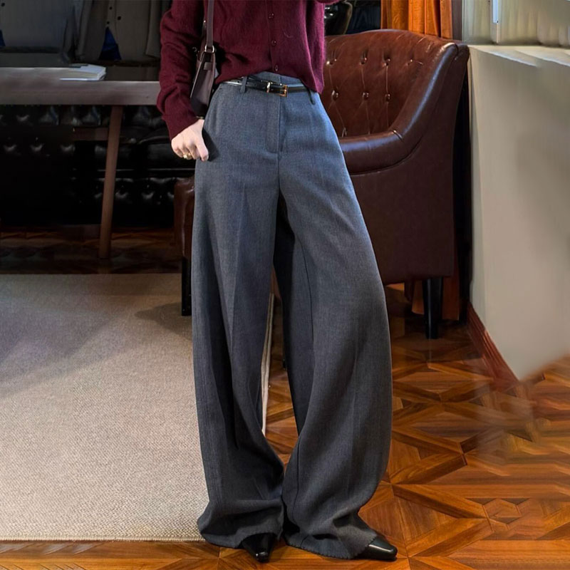 欧货高端定制灰色毛呢大码西装阔腿裤女2025秋冬新款加厚休闲裤子