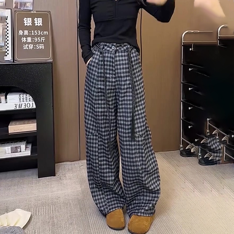 欧货高端定制灰色格子大码阔腿裤