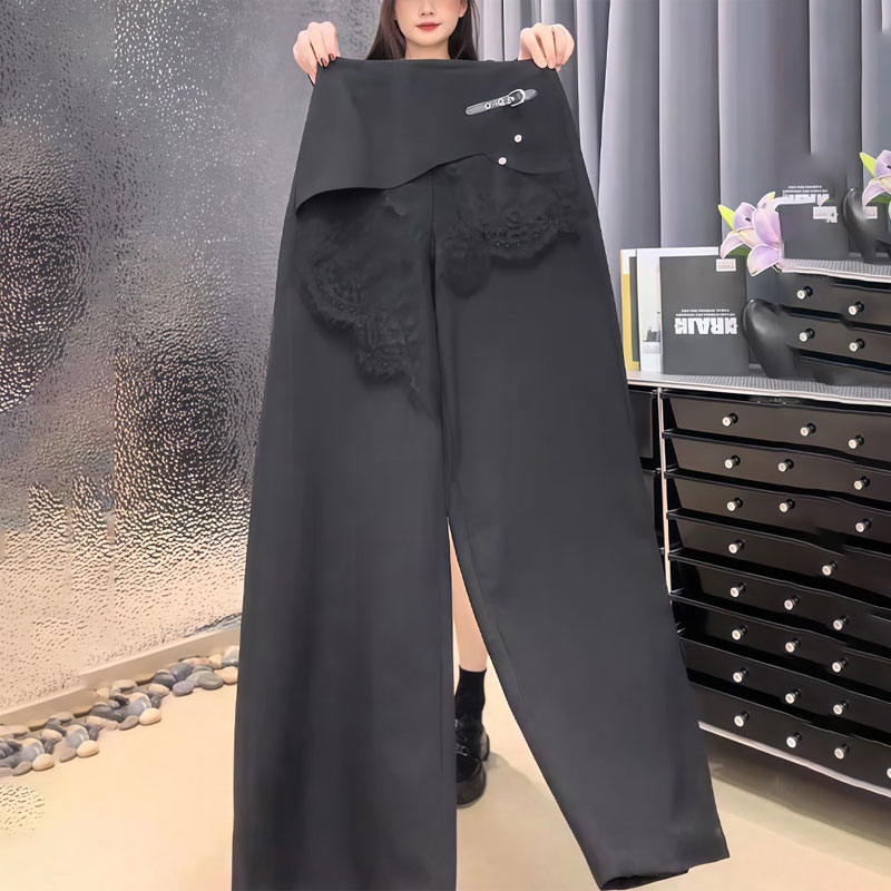 黑色大码挡片式蕾丝拼接阔腿裤女