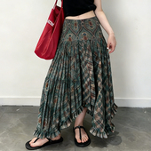 高端定制深绿色印花大码 半身裙女2026春夏新款 不规则轻熟风大摆裙