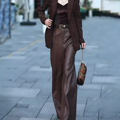 时髦洋气百搭阔腿直筒裤 棕色大码 子 女2025年春季 新款 宽松时尚 皮裤