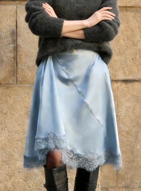 欧货高端定制浅蓝色大码半身裙女2025冬季新款加厚蕾丝拼接A字裙