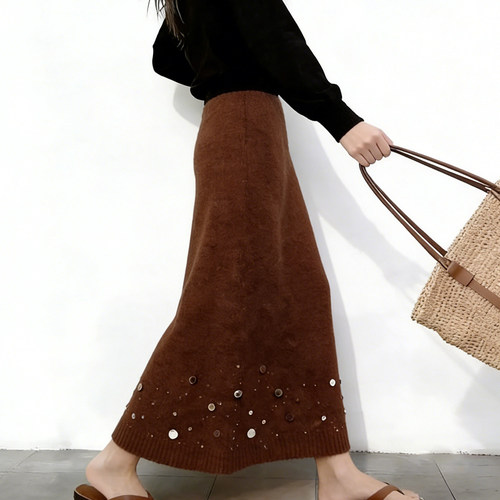 欧货高端定制咖色毛呢大码半身裙