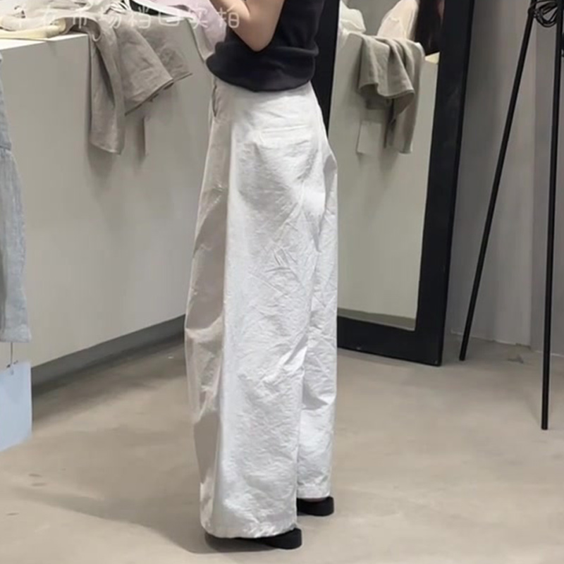 白色宽松显瘦时尚感亚麻阔腿裤女2025夏季新款休闲风舒适大码长裤