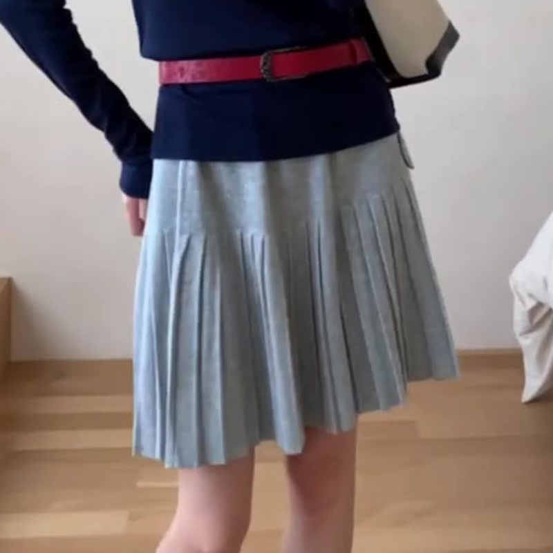 欧货高端灰色学院风百褶半身裙女