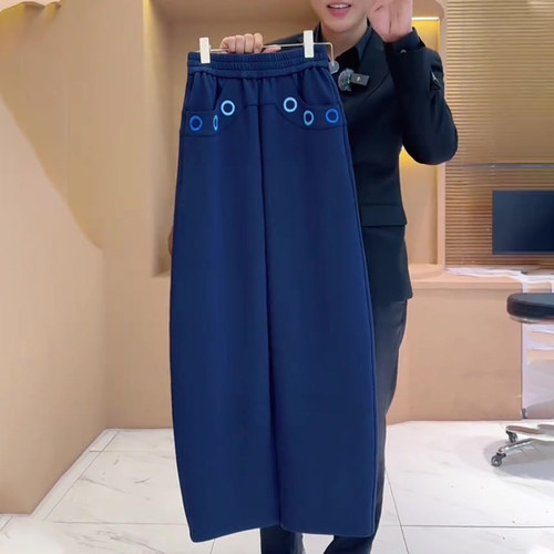 欧货高端定制藏青色大码阔腿裤女