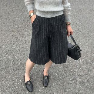 高端定制阔腿休闲裤 老钱风深灰色条纹大码 新款 女2025秋季 子 五分裤