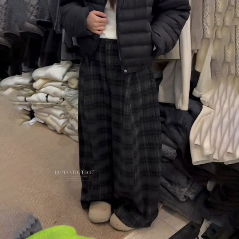 高端定制黑色格纹大码阔腿裤女