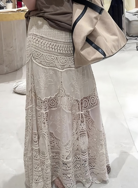 欧货正品白色蕾丝镂空气质半身裙女2025秋季新款时尚百搭宽松长裙