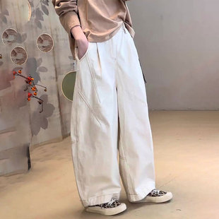 设计感宽松休闲弯刀裤 高端定制白色大码 新款 女2025秋季 棉麻阔腿裤