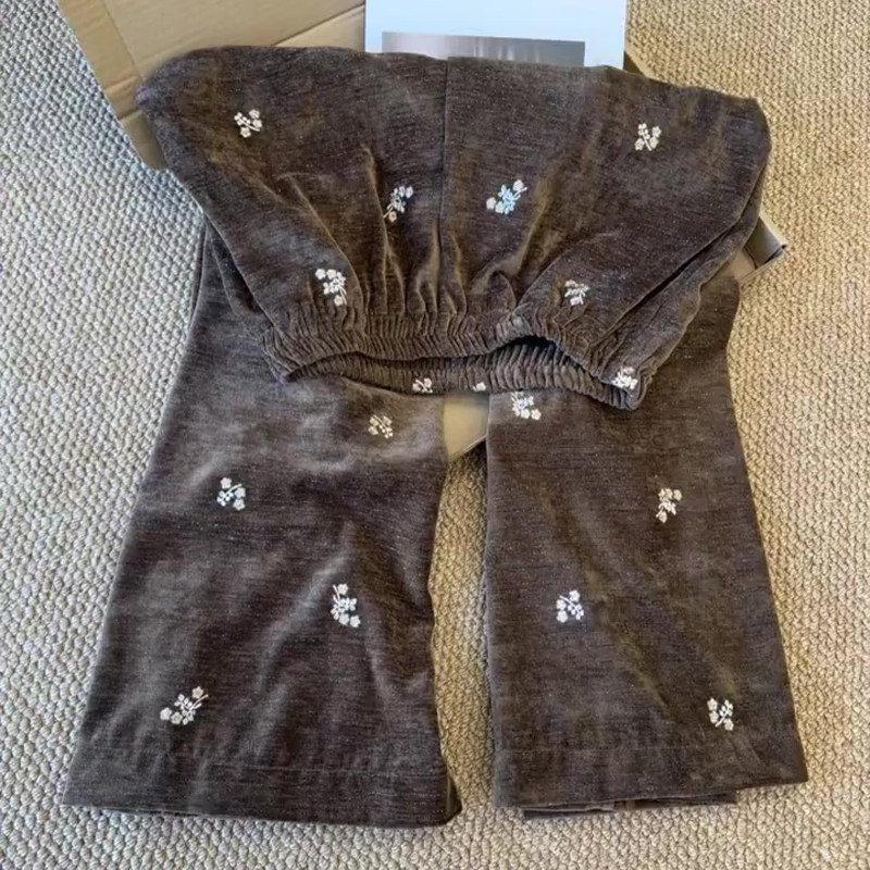 高端定制棕色灯芯绒碎花阔腿裤女