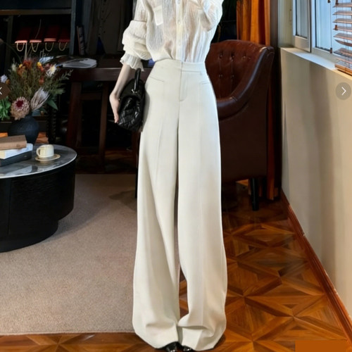 欧货高端定制米白色大码阔腿裤女