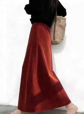 欧货高端定制橘红色丝绒大码半身裙女2025冬季新款加厚轻熟A字裙