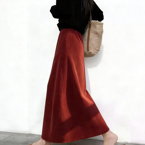 高端定制橘红色丝绒大码半身裙女