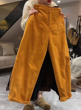 欧货高端橙色灯芯绒大码阔腿裤女2025冬季新款高级感减龄休闲裤子