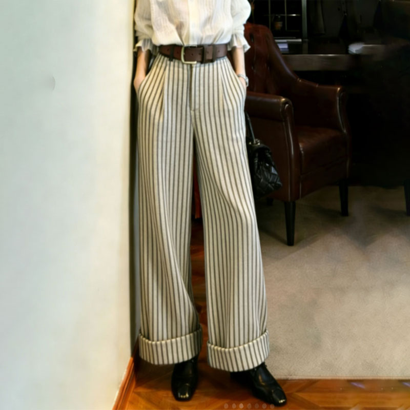 欧货高端定制竖条纹大码阔腿裤女