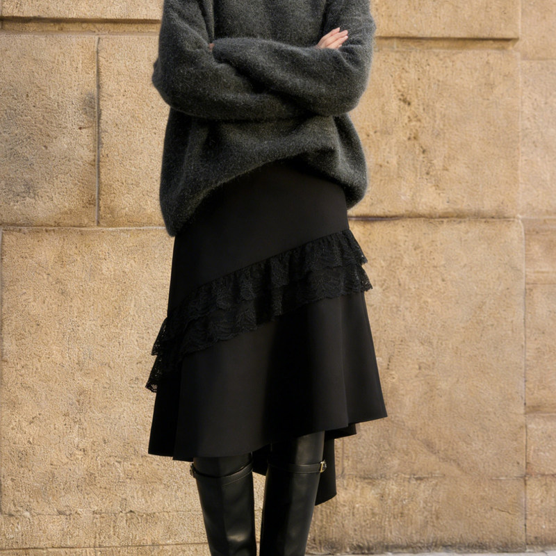欧货高端定制黑色毛呢大码半身裙女2026早春新款蕾丝拼接A字裙子,女装/女士精品,大码半身裙,淘宝优惠券,粉丝福利购,淘宝优惠卷