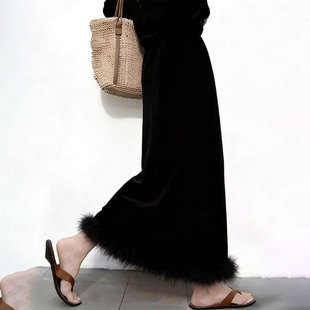 加厚轻奢毛绒边A字裙 新款 欧货高端定制黑色大码 半身裙女2025冬季