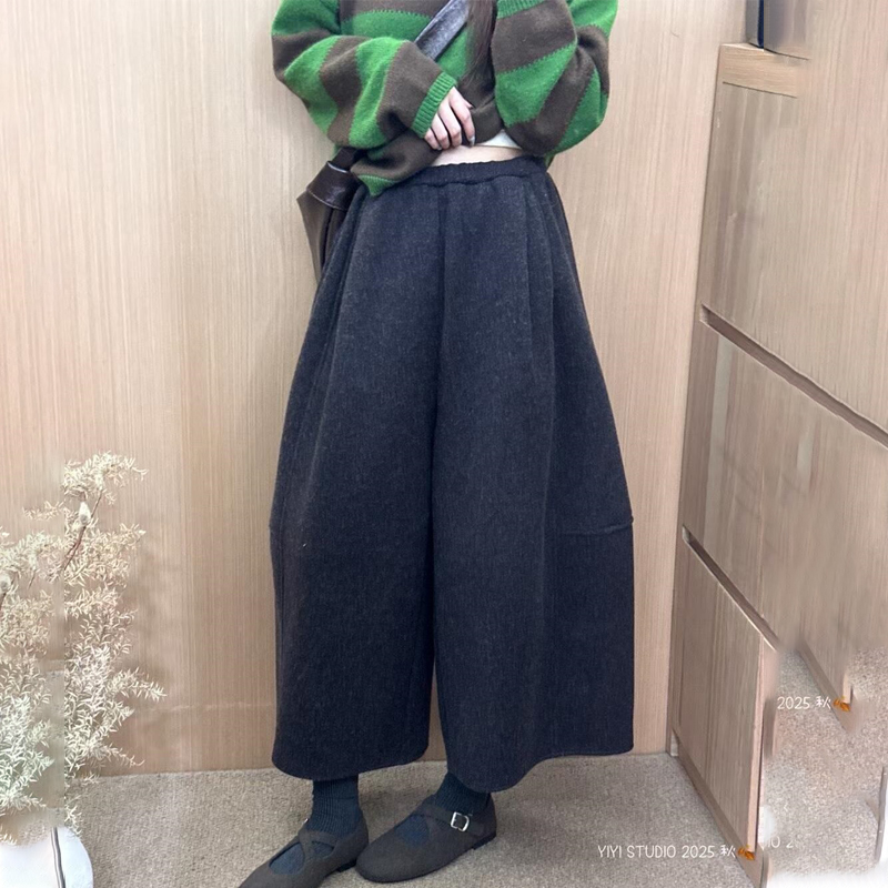 高端定制深灰色毛呢大码阔腿裤女