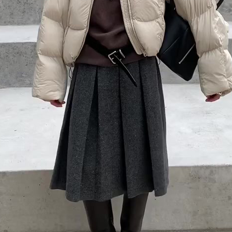 欧货高端定制深灰色毛呢半身裙女