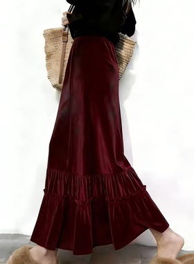 欧货高端定制深红色丝绒大码半身裙女2025冬季新款加厚轻熟大摆裙