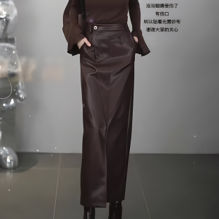新款 半身裙女2025年冬季 高腰遮胯显瘦显高包臀皮裙子 长款 咖色大码