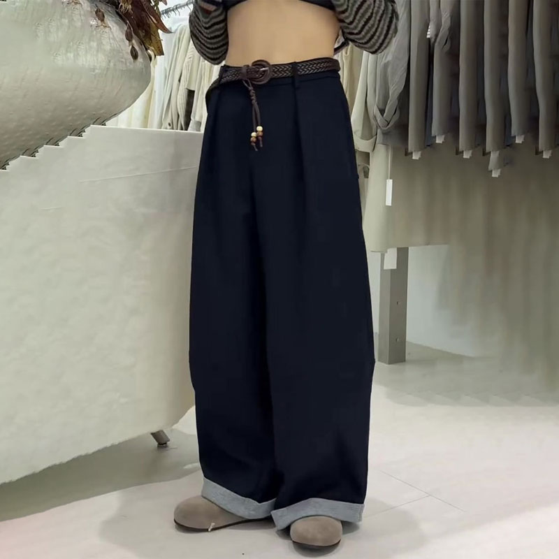 欧货高端定制藏蓝色大码阔腿裤女