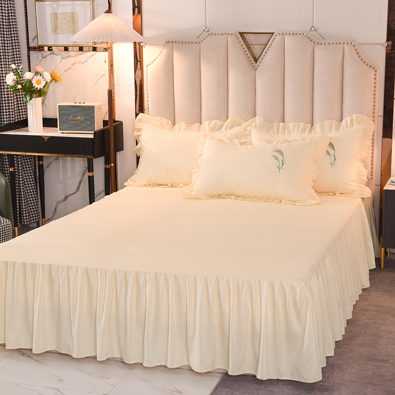 网红款米黄床裙四件套水洗棉被套公主风床上用品被单带床罩式床套
