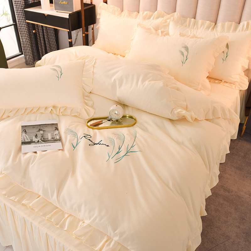 网红款米黄床裙四件套水洗棉被套公主风床上用品被单带床罩式床套