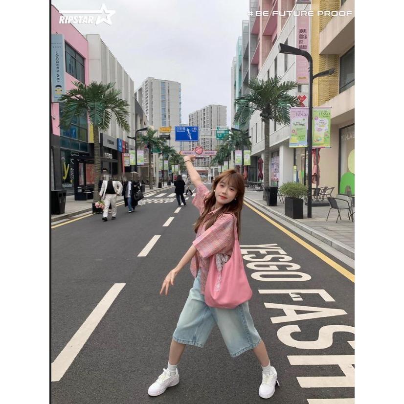 彩色格纹短袖衬衫女夏季宽松休闲设计感古巴领情侣泡泡纱格子衬衣