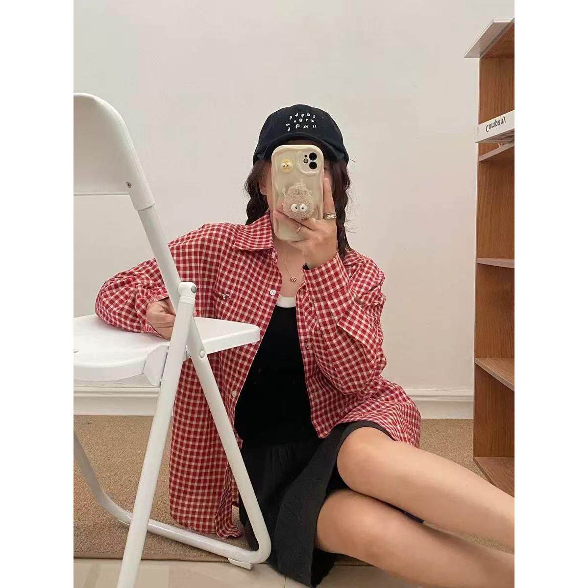 腊肠刺绣红白格纹衬衫2025春夏新款法式慵懒风格子衬衣外套女