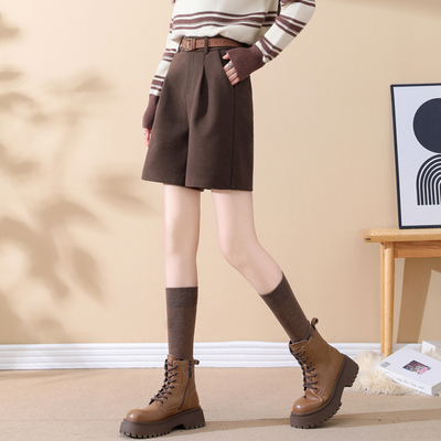 毛呢短裤女秋冬2024新款高腰a字阔腿外穿中裤美拉德咖色五分靴裤