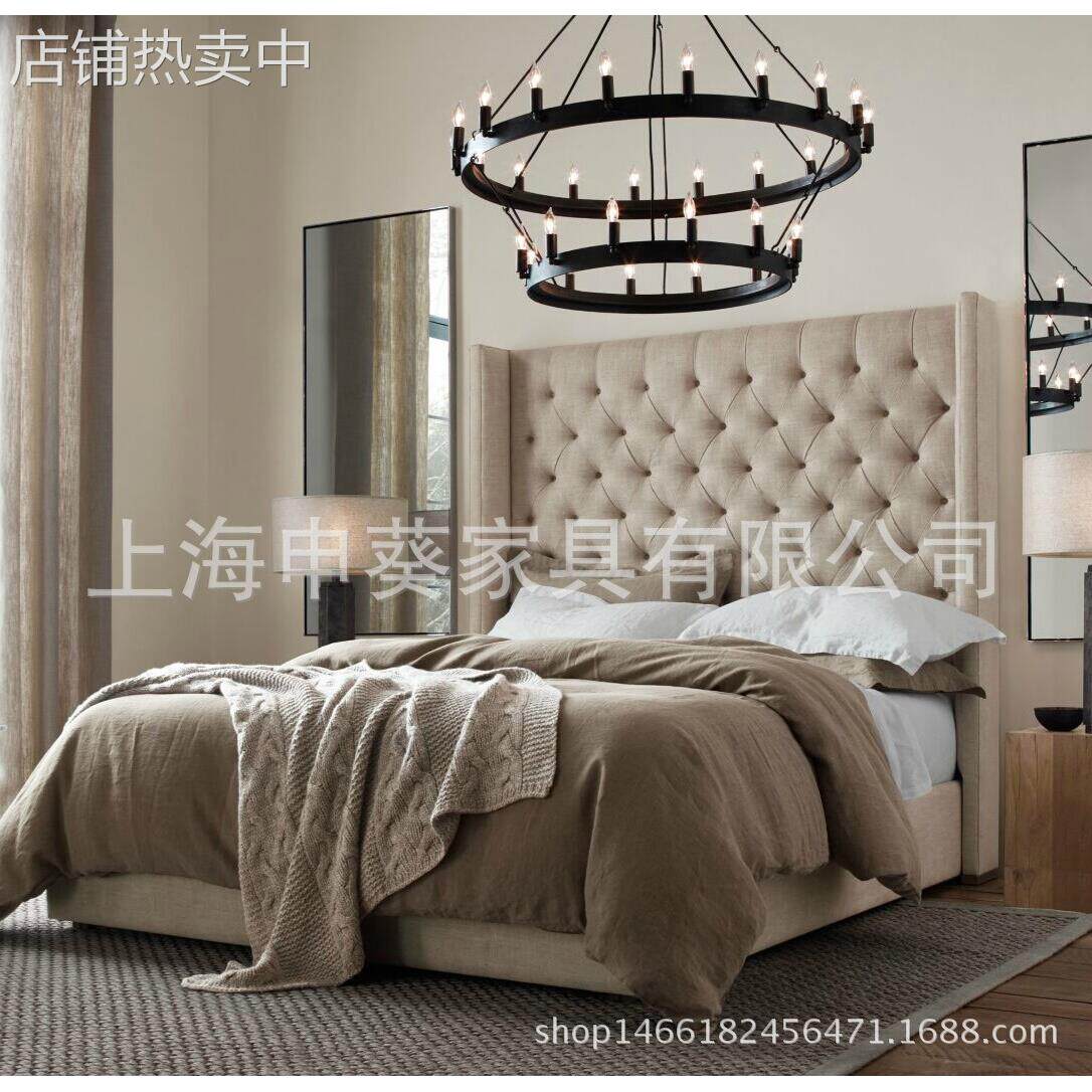 美式乡村做旧拉扣款经典软包布艺床时尚双人麻布拉扣床家具制做
