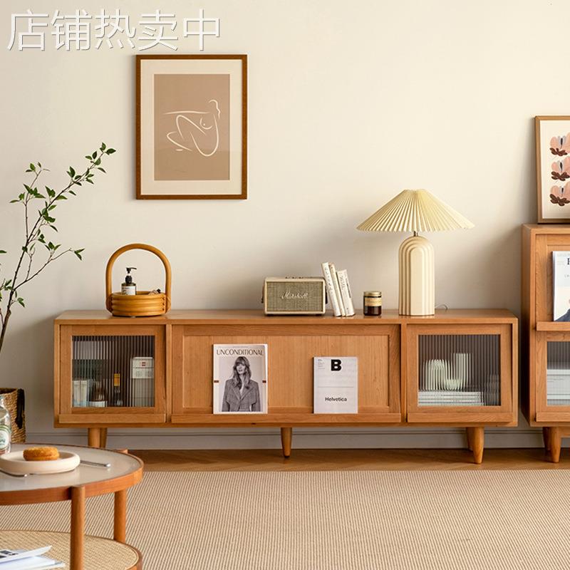 现代简约实木轻奢电视柜日式家具小户型客厅原木藤编储物柜视听柜
