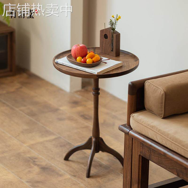 边几黑胡桃实木沙发卧室阳台小茶几可移动中式小茶桌小圆桌