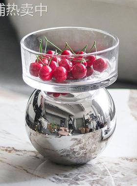 金属几何圆球玻璃果盘摆件轻奢艺术家居样板房酒店干果零食收纳盘