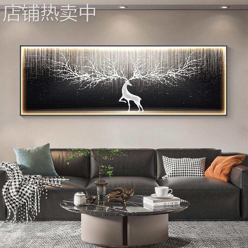 现代轻奢客厅装饰画一整幅横版led灯画发光沙发背景墙挂画鹿壁画图片