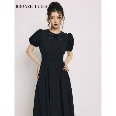 Bronze Lucia法式甜美风泡泡袖收腰中长款连衣裙原创设计小黑裙夏