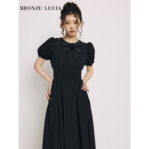 Bronze Lucia法式甜美风泡泡袖收腰中长款连衣裙原创设计小黑裙夏