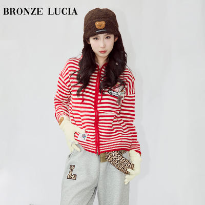 Bronze Lucia草莓奶霜红白条纹针织连帽衫原创设计甜美少女风上衣