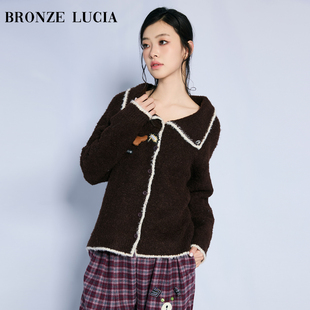 Bronze Lucia复古棕边奶狗针织开衫大翻领原创设计学院风毛衣外套